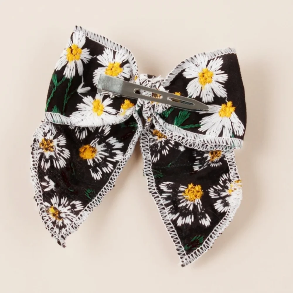 Girls Embroidered Daisy Floral Bow Hair Clip Oversize Ponytail Barette Accessory